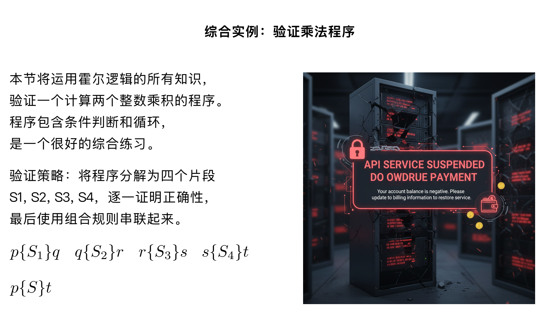 



name:第七部分：综合实例：验证乘法程序
scene1 title:一个更复杂的例子：乘法程序
scene1 content:现在，我们将运用之前学到的所有知识，来验证一个计算两个整数乘积的程序。这个程序包含了条件判断和循环，是一个很好的综合练习。
scene2 title:验证策略：分段与组合
scene2 content:我们的策略是将整个程序分解为四个逻辑片段S1, S2, S3, S4。然后，我们逐一证明每个片段的正确性，最后使用组合规则将它们串联起来，证明整个程序的正确性。
scene3 title:验证S1：处理负数
scene3 content:第一段S1是一个if-else语句，它计算n的绝对值并存入变量a。我们可以证明，在S1执行后，断言 q: 'a = |n|' 成立。这与我们之前验证if-then-else的例子类似。
scene4 title:验证S2：初始化
scene4 content:第二段S2是初始化语句，k:=0, x:=0。在S2执行后，我们可以得到新的断言 r: 'q ∧ (k=0) ∧ (x=0)' 成立。
scene5 title:验证S3：核心循环
scene5 content:第三段S3是while循环。我们需要找到它的循环不变量。这里的循环不变量是 v: 'x = m*k ∧ k ≤ a'。我们需要证明v确实是不变量，并且循环会终止。
scene6 title:证明S3的循环不变量和终止性
scene6 content:首先，在循环开始前，k=0, x=0，满足x=m*k。其次，在循环体内，x增加m，k增加1，不变量关系'x=m*k'得以维持。最后，因为k从0开始每次加1，它最终会等于a，导致循环终止。
scene7 title:S3循环结束后的状态
scene7 content:根据迭代规则，当循环结束时，循环条件k<a为假，且不变量v为真。这意味着 k=a 且 x=m*k，所以我们得到 x = m*a。结合之前的a=|n|，我们得到 x = m*|n|。
scene8 title:验证S4：最终结果调整
scene8 content:第四段S4根据n的符号来确定最终结果。如果n<0，product=-x；否则product=x。我们可以证明，无论哪种情况，最终的product都等于m*n。
scene9 title:最终结论：组合所有证明
scene9 content:我们已经证明了从p{S1}q, q{S2}r, r{S3}s, 到s{S4}t的每一步都是正确的。根据组合规则，我们可以得出最终结论 p{S}t，即整个程序对于任意整数输入m和n，都能正确计算出它们的乘积m*n。课程到此结束，谢谢大家！
