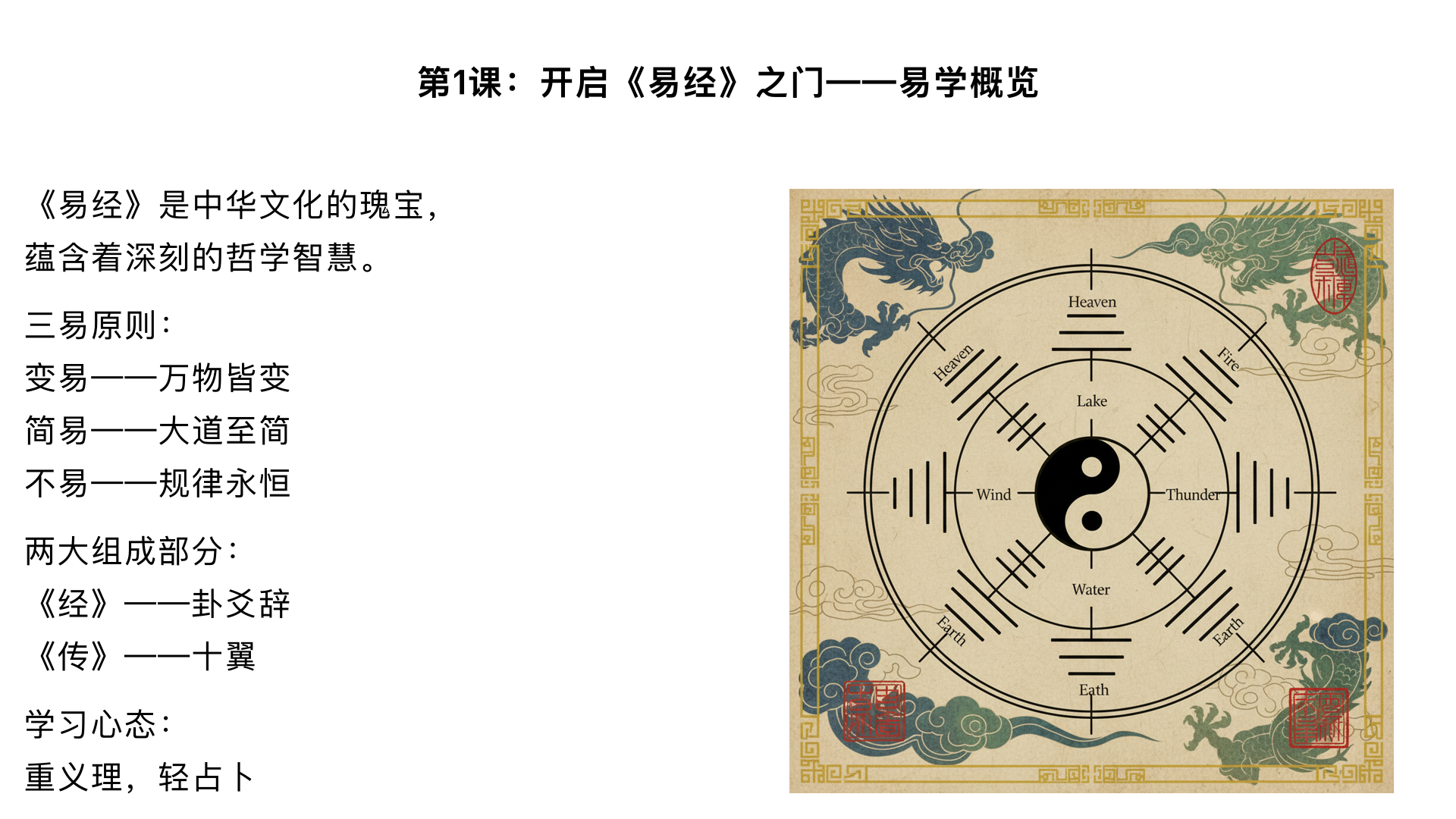 第1课：开启《易经》之门——易学概览

主要内容：

什么是《易经》？《易经》≠《周易》？

《易经》的“三易”原则：变易、简易、不易。

《易经》的两大组成部分：《经》（卦爻辞）与《传》（十翼）。

学习《易经》的正确心态：重义理，轻占卜。