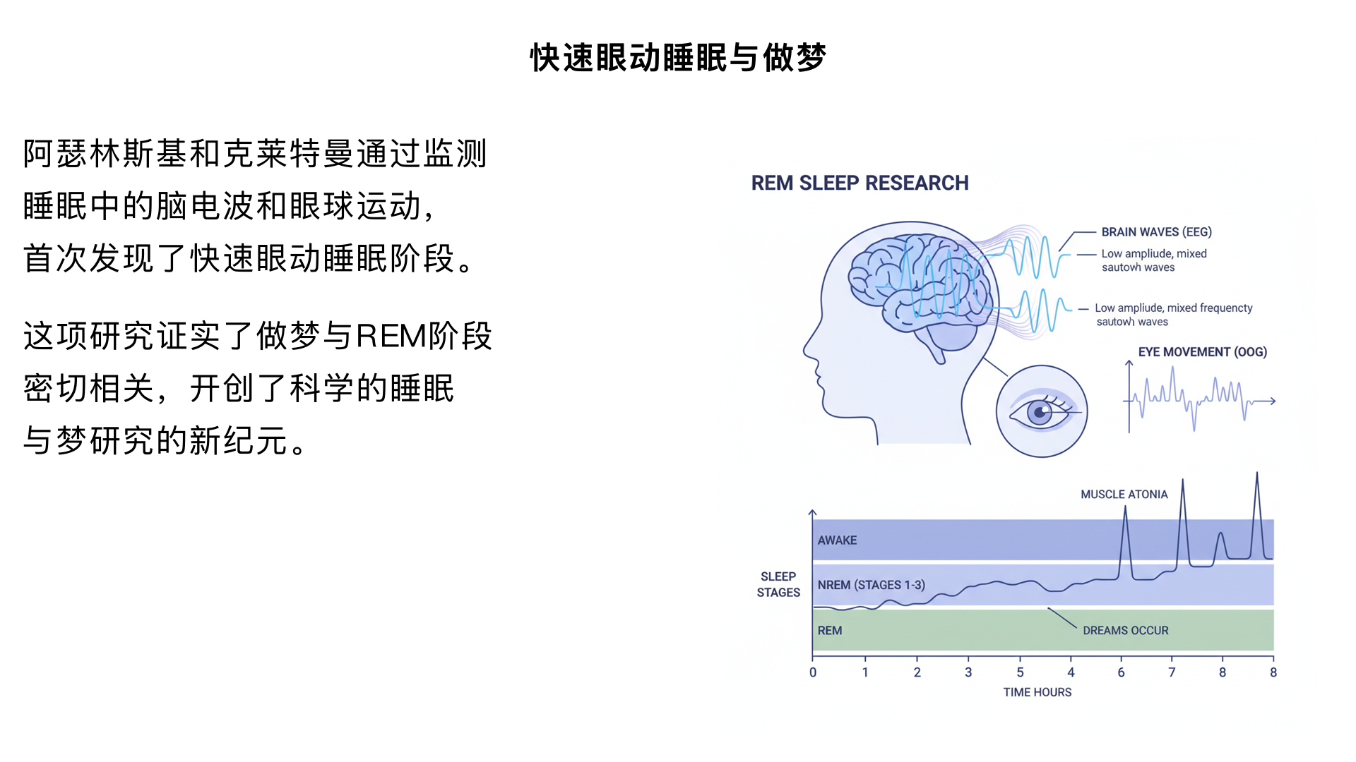 6、睡眠，毫无疑问就会做梦 （阿瑟林斯基和克莱特曼的“快速眼动睡眠”研究）

主要内容：通过监测睡眠中的脑电波和眼球运动，首次发现了快速眼动睡眠阶段，并证实了做梦与此阶段密切相关。这项研究开创了科学的睡眠与梦研究的新纪元。