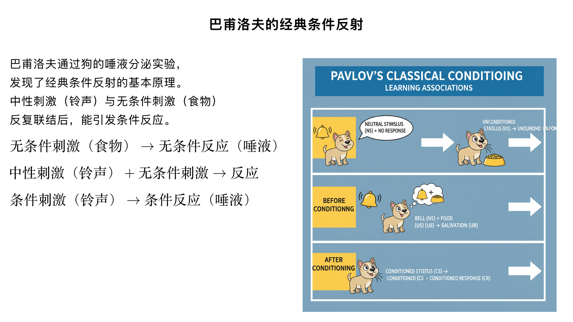 9、不只限于分泌唾液的狗 （巴甫洛夫的“经典条件反射”研究）

主要内容：在给狗喂食时同时呈现铃声，一段时间后，狗只要听到铃声就会分泌唾液。这发现了经典条件反射的基本原理，即一个中性刺激通过与无条件刺激反复联结，最终能引发条件反应。
