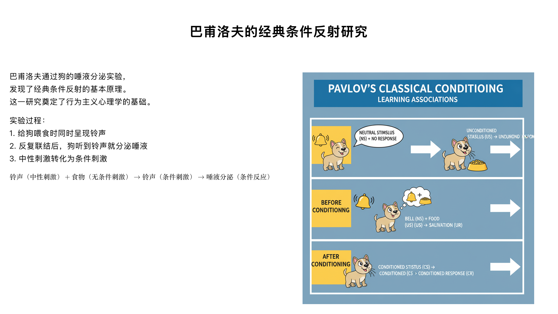 这些研究奠定了行为主义的基础，解释了行为如何被环境塑造。

9、不只限于分泌唾液的狗 （巴甫洛夫的“经典条件反射”研究）

主要内容：在给狗喂食时同时呈现铃声，一段时间后，狗只要听到铃声就会分泌唾液。这发现了经典条件反射的基本原理，即一个中性刺激通过与无条件刺激反复联结，最终能引发条件反应。