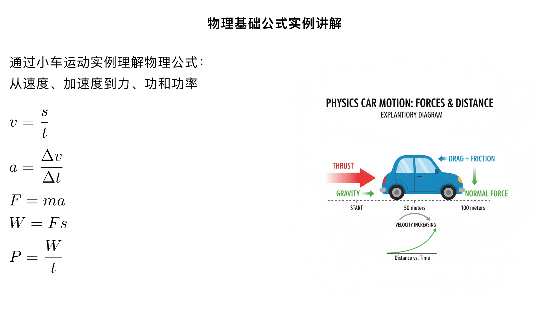 v=s/t
a=delta v/delta t
f=ma
w=fs
p=w/t
通过一个实例讲解这些公式