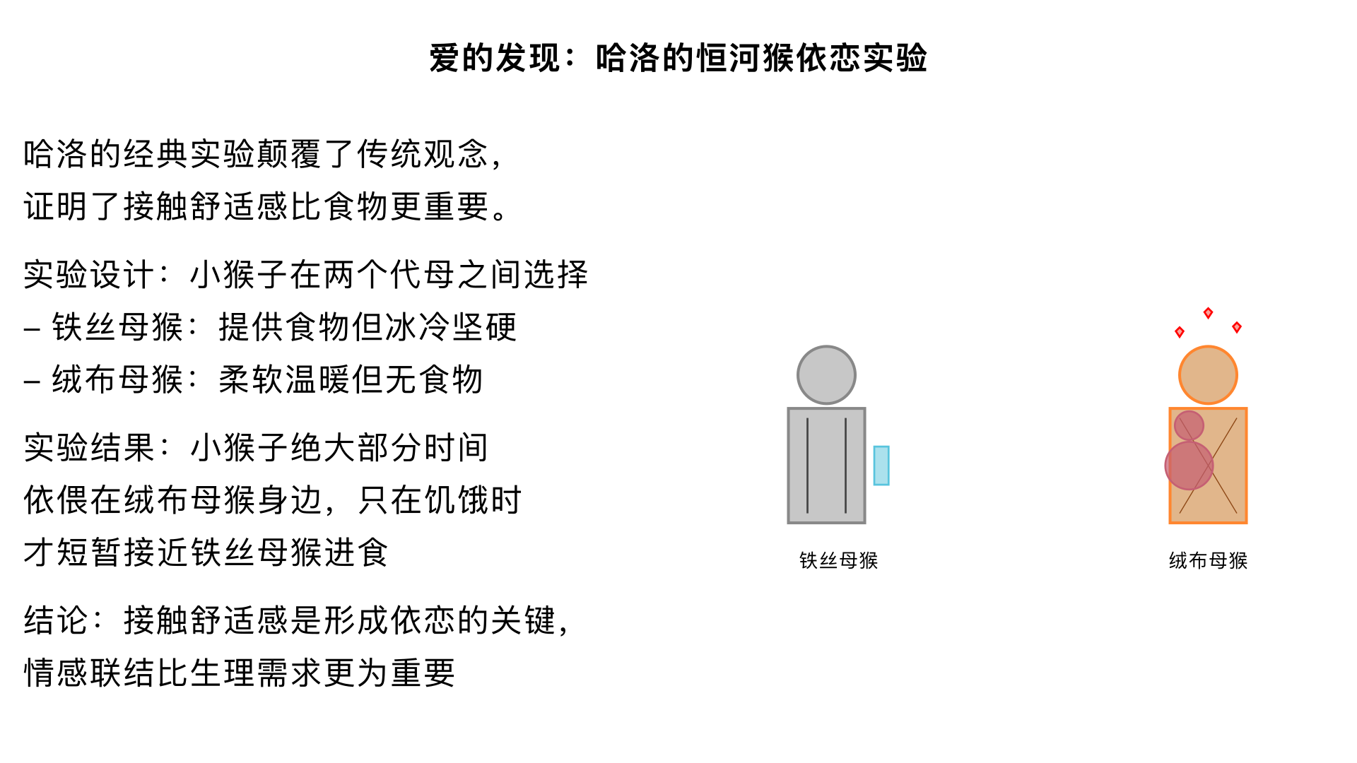 主题17、爱的发现 （哈洛的“恒河猴依恋”实验） 主要内容：让小猴子在“铁丝母猴”和“绒布母猴”之间选择，尽管只有铁丝母猴提供食物，小猴子仍绝大部分时间依偎在绒布母猴身边。这项研究颠覆了“有奶便是娘”的观点，证明了接触舒适感是形成依恋的关键，比喂食更重要。