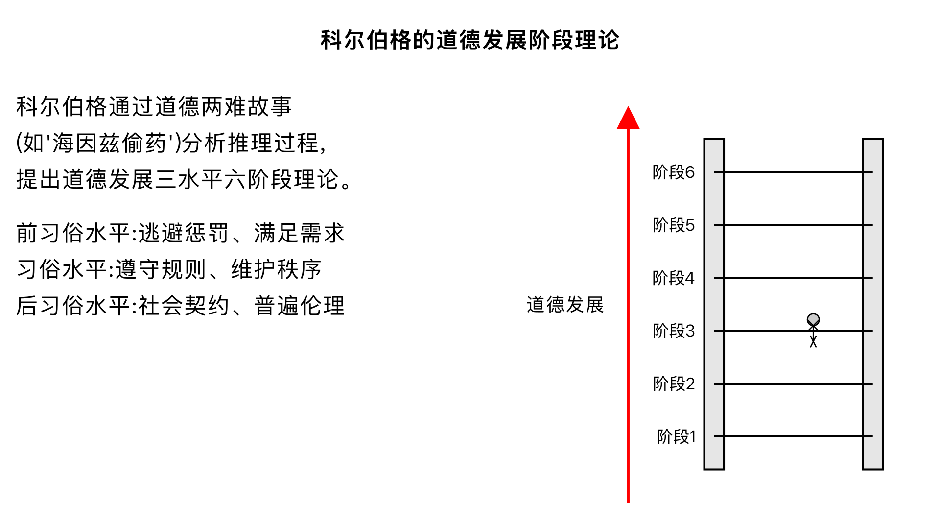 成人发展的故事 （科尔伯格的“道德发展阶段”理论） 主要内容：通过向被试呈现道德两难故事（如“海因兹偷药”），分析了其推理过程，提出了道德发展的三水平六阶段理论，从逃避惩罚到遵循普遍伦理原则，描述了道德判断如何随认知发展而演变。