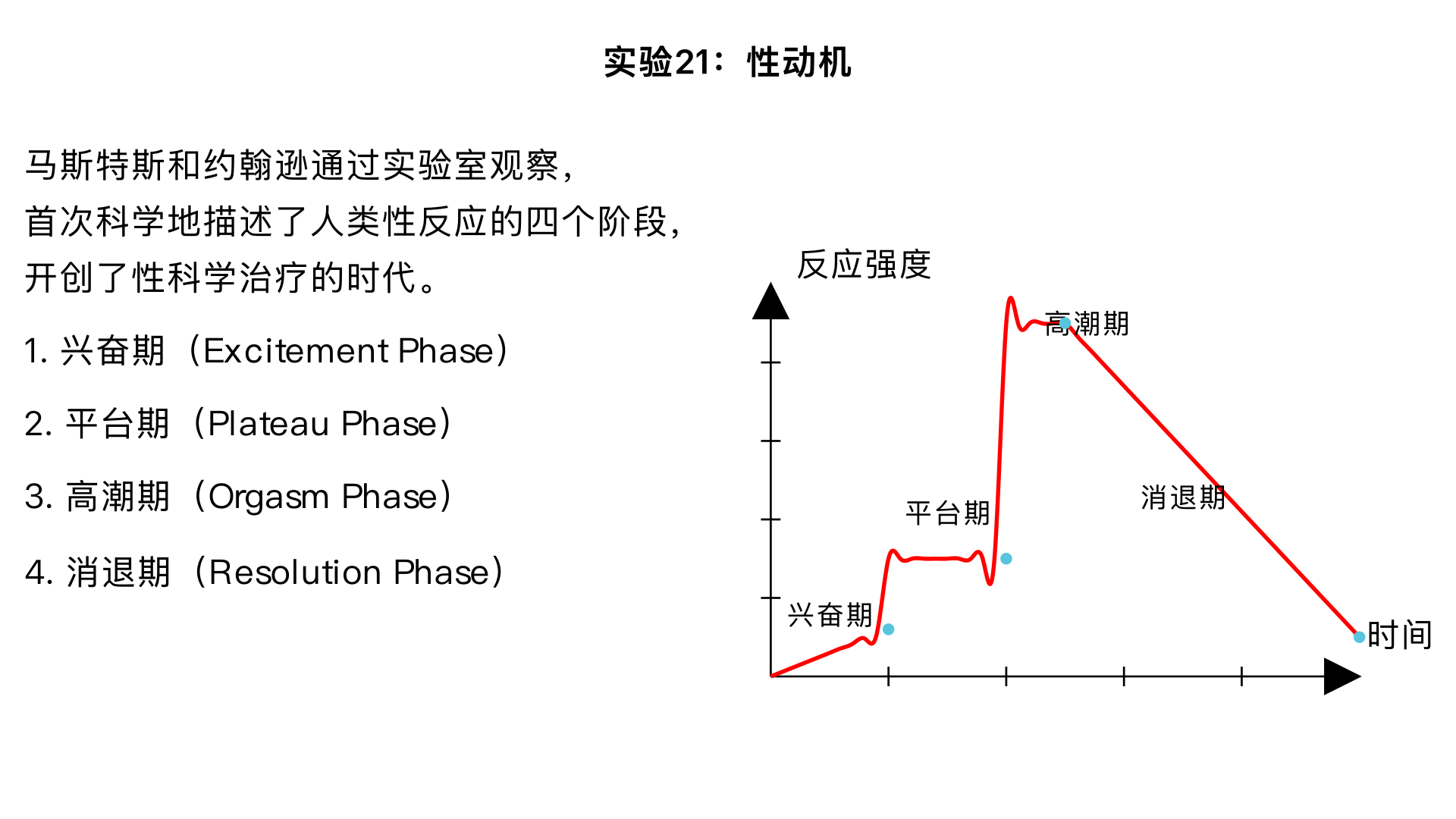 实验21、性动机 （马斯特斯和约翰逊的“人类性反应”研究）

主要内容：通过实验室观察和测量志愿者的性行为，首次科学地描述了人类性反应的四个阶段：兴奋期、平台期、高潮期和消退期。打破了关于性的诸多迷思，开创了性科学治疗的时代。