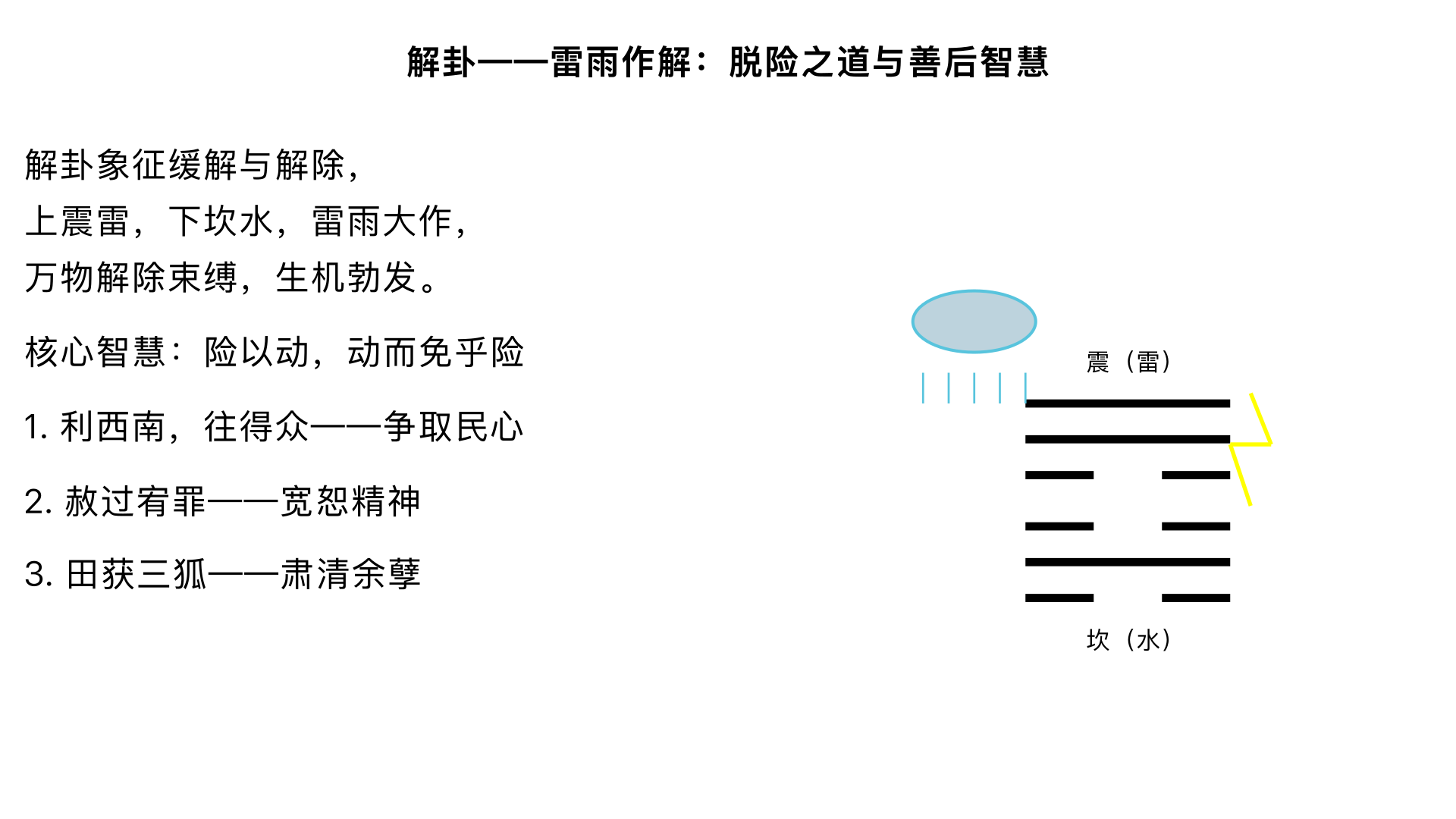 讲解：解卦——雷雨作解：脱险之道与善后智慧
一、卦序逻辑：从艰难到缓解
1. 《序卦传》的必然转化

“蹇者，难也。物不可以终难，故受之以解。解者，缓也。”

蹇卦（水山蹇）象征艰难险阻 → 但事物不会永远处于艰难中 → 解卦（雷水解）象征缓解、解除

金景芳指出：这体现了《周易》“穷则变，变则通”的辩证思想

2. 蹇卦与解卦的综卦关系

蹇卦（䷦）：上坎下艮，山上有水，险阻在前

解卦（䷧）：上震下坎，雷雨作，百果草木皆甲坼（生机勃发）

二卦互为综卦（将蹇卦上下颠倒即得解卦），表明险难与解除是同一过程的不同阶段

二、解卦（雷水解）卦象的解放之象
1. “雷雨作”的生机勃发

基本卦象：上震雷，下坎水 → 雷雨大作，滋润万物

自然象征：

冬季（坎为水，为冬）过后，春雷（震为雷，为春）震动，雨水降临，冰消雪融

万物解除束缚，破壳而出（“百果草木皆甲坼”）

金景芳引申：此象喻示政治严苛（坎险）之后，仁政施行（震动），万民获得新生

2. 卦德分析与行动原则

下坎为险，上震为动 → 动而出险

《彖传》：“解，险以动，动而免乎险，解。”

核心智慧：在险境中积极行动，通过行动脱离险境

3. 爻位结构中的隐患

六三阴柔失正，上六无应 → 提示解难后可能产生新的问题

九二、九四阳刚有力，为解难主力

金景芳提醒：解卦不是一劳永逸，需防“致寇至”

三、彖传精解：解困之道
“解，险以动，动而免乎险，解。
解利西南，往得众也。
其来复吉，乃得中也。
有攸往夙吉，往有功也。
天地解而雷雨作，雷雨作而百果草木皆甲坼。
解之时大矣哉！”

1. “险以动，动而免乎险”的行动哲学

辩证关系：险境中行动（险以动），行动才能脱险（动而免乎险）

历史例证：刘邦被围荥阳，用陈平计突围（动），终免于险

反面教材：宋襄公“不鼓不成列”，坐失战机，未“动而免乎险”

2. “解利西南，往得众也”的民心指向

西南象征：坤方，平地，众庶（坤为众）

“往得众”：前往西南可得民众支持

与蹇卦呼应：蹇卦“利西南”为避险，解卦“利西南”为得众

政治智慧：解难后需争取民心，如武王克商后“释箕子囚，封比干墓”

3. “其来复吉，乃得中也”的回归原则

“来复”：回归常态，恢复秩序

“得中”：符合中道（指九二居中）

政策启示：动乱平息后，应休养生息，恢复常规

历史例证：汉初萧何“与民休息”，是“其来复吉”

4. “有攸往夙吉，往有功也”的时效原则

“夙吉”：及早行动则吉（夙，早也）

“往有功”：前往可建功业

战术要求：解决遗留问题要迅速，如周公东征速平管蔡之乱

5. “天地解而雷雨作…”的自然意象升华

将人事解脱与天地生化相联系

寓意：政治解困如雷雨滋润万物，带来生机

金景芳阐发：解卦蕴含“革命解放”的正当性，如汤武革命“顺乎天而应乎人”

6. “解之时大矣哉！”的赞叹

解卦的时义太重大了！

强调：把握解难时机的重要性，早则不及，迟则生变

四、大象传：“赦过宥罪”的宽恕精神
“雷雨作，解。君子以赦过宥罪。”

1. “赦过宥罪”的政治智慧

赦过：赦免无心过失

宥罪：宽恕有意罪过（但非免除惩罚，是减刑）

与《尚书》互证：“眚灾肆赦，怙终贼刑”（过失犯罪可赦，惯犯严惩）

2. 历史应用

汉文帝废肉刑：体现“宥罪”精神

唐太宗纵囚：风险之举，但收服人心

现代意义：战后和解、转型正义中的宽恕政策

3. 金景芳提醒：“赦过宥罪”不是无原则宽大，而是“解”后争取人心的策略

五、爻辞精析：解难的六个要点
解卦六爻侧重解难之后如何巩固成果、防止反复，是一套“善后指南”。

1. 初六：无咎。

简短爻辞，深意存焉：初六阴柔居解始，与九四正应

“无咎”条件：解难之初，低调顺从（上应九四），不争功，故无咎

象征：普通民众在解放后安分守己，可得无咎

历史情景：商民在周克商后，服从新朝，得保平安

2. 九二：田获三狐，得黄矢，贞吉。

“田获三狐”：田猎获得多只狐狸（狐象征小人、隐患）

“得黄矢”：得到黄色箭矢（黄为中色，矢为直，象征中直之道）

爻象：九二阳刚居中，为解难主力

含义：

解难后需肃清余孽（三狐）

方法要中正（黄矢）

历史例证：周公诛管叔、放蔡叔、囚霍叔（三狐），但存中道（不滥杀）

3. 六三：负且乘，致寇至，贞吝。

全卦核心警示，源自孔子在《系辞传》中的重点阐发

生动画面：

“负且乘”：背着财物坐在车上（小人得志，炫耀富贵）

“致寇至”：招致强盗来抢

爻象：六三阴柔失正，居下卦之上，象征才德不配位的小人

孔子阐发（《系辞上》第八章）：

“作《易》者其知盗乎？…小人而乘君子之器，盗思夺之矣。”

揭示：德不配位，必招灾祸

现实意义：企业危机后，管理者若炫耀成功，可能引发新的危机

4. 九四：解而拇，朋至斯孚。

“解而拇”：解开你大脚趾的束缚（拇，足大趾，指初六）

“朋至斯孚”：朋友到来，以诚信相待

爻象：九四阳居阴位，刚柔相济，下应初六

策略：解脱基层束缚（解而拇），则民众（朋）诚心归附（斯孚）

政策对应：汉高祖“约法三章”，解秦苛法，得关中民心

5. 六五：君子维有解，吉。有孚于小人。

“君子维有解”：君子被捆绑又得解脱（维，系也）

“吉”：吉祥

“有孚于小人”：以诚信感化小人

爻象：六五柔中居尊，下应九二，处震卦中位

领袖之道：

自身曾受困（维），终得解

掌权后不报复，以诚信待小人（包括曾经的敌人）

历史典范：齐桓公不记管仲射钩之仇，任用为相，终成霸业

6. 上六：公用射隼于高墉之上，获之，无不利。

生动比喻：

“公用射隼”：王公射杀凶鸟（隼，猛禽，象征残存的恶势力）

“于高墉之上”：在高墙上（墉，城墙，象征险要位置）

爻象：上六处解之终，仍有隐患（隼）居高墉，需彻底清除

“获之，无不利”：擒获它，无所不利

历史例证：汉武帝彻底解决诸侯王问题（推恩令），巩固统一

金景芳总结：解卦以“射隼”作结，强调解难的彻底性

六、解卦的解难智慧总论
1. 行动原则：“险以动，动而免乎险”

积极行动，脱出险境

2. 政治方向：“利西南，往得众”

解难后争取民心，稳定大局

3. 善后要务：

肃清余孽（田获三狐）

防止炫耀（负且乘）

解脱民困（解而拇）

感化小人（有孚于小人）

清除顽敌（射隼高墉）

4. 宽恕精神：“赦过宥罪”

但宽恕有度，不是无限赦免

5. 金景芳总结：解卦是儒家“拨乱反正”思想的体现，强调解难要彻底，善后要谨慎，治国要以德服人。