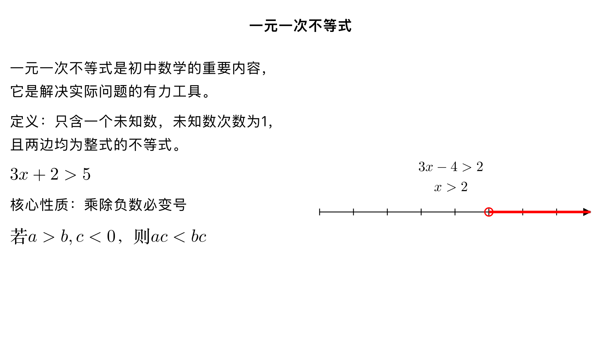 七年级数学 / 不等式与不等式组 / 一元一次不等式
一、核心定义（关键判定条件）
一元一次不等式需同时满足 3 个条件，缺一不可：
只含1 个未知数（如 x、y，仅 1 种）；
未知数的次数为 1（无平方、立方等高于 1 次的项）；
不等式左右两边均为整式（无分母含未知数、无根号含未知数的情况）。
示例：3x+2>5（符合）、2x²-1≤0（未知数次数 2，不符）、
x
1
​
 +3<2
（分母含未知数，不符）
二、不等式的 3 个核心性质（运算依据，重点记性质 3）
性质 1：加减不变号
不等式两边同时加、减同一个数（或同一个整式），不等号方向不变。
公式：若 a>b，则 a±c > b±c；若 a<b，则 a±c < b±c
示例：5>3 → 5+2>3+2（7>5）、5-4>3-4（1>-1）
性质 2：乘除正数不变号
不等式两边同时乘、除同一个正数，不等号方向不变。
公式：若 a>b、c>0，则 ac > bc、
c
a
​
 > 
c
b
​
 
；若 a<b、c>0，则 ac < bc、
c
a
​
 < 
c
b
​
 
示例：4<6 → 4×2<6×2（8<12）、4÷2<6÷2（2<3）
性质 3：乘除负数必变号（易错点）
不等式两边同时乘、除同一个负数，不等号方向必须改变（> 变 <、≥变≤，反之亦然）。
公式：若 a>b、c<0，则 ac < bc、
c
a
​
 < 
c
b
​
 
；若 a<b、c<0，则 ac> bc、
c
a
​
 > 
c
b
​
 
示例：4<6 → 4×(-2)>6×(-2)（-8>-12）、4÷(-2)>6÷(-2)（-2>-3）
三、不等式的解集与数轴表示（直观呈现解的范围）
1. 解集定义
能使不等式成立的所有未知数的值的集合，叫不等式的解集（区别于 “解”：解是单个值，解集是所有符合条件的值）。
示例：不等式 x+1>3 的解有无数个（x=3、4、5…），解集为 x>2。
2. 数轴表示步骤（3 步到位，不踩错）
画数轴：标注原点、正方向（向右）、单位长度（均匀分段）；
定界点：解集含等号（≥、≤）→ 画实心圆点（表示包含该点）；解集不含等号（>、<）→ 画空心圆圈（表示不包含该点）；
定方向：解集为 “>、≥”→ 从界点向右画射线；解集为 “<、≤”→ 从界点向左画射线。
示例：
x>2：数轴上 2 处画空心圆圈，向右画射线；
x≤-1：数轴上 - 1 处画实心圆点，向左画射线。
四、解一元一次不等式的 5 步流程（类比一元一次方程，注意变号）
步骤 1：去分母（若有分母）
依据：不等式性质 2、3；
注意：两边同乘所有分母的最小公倍数，别漏乘 “不含分母的项”；若分母为负数，乘完后需按性质 3 改变不等号方向。
示例：
2
x
​
 +1>3
 → 两边乘 2：x + 2 > 6（无漏乘，分母为正，不变号）。
步骤 2：去括号（若有括号）
依据：乘法分配律（a (b±c)=ab±ac）；
注意：括号前是负号，去括号后括号内所有项需变号（正变负、负变正）。
示例：2 (x-3)+1≤5 → 去括号：2x - 6 + 1 ≤ 5。
步骤 3：移项（含未知数的项移左，常数项移右）
依据：不等式性质 1；
注意：移项的项需变号（移左变右、正变负、负变正），未移项的项不变号。
示例：2x - 6 + 1 ≤ 5 → 移项：2x ≤ 5 + 6 - 1（-6、+1 移右变 + 6、-1）。
步骤 4：合并同类项
依据：合并同类项法则（同类项系数相加，字母及次数不变）；
左右两边分别合并，简化为 “ax>b”“ax<b”“ax≥b”“ax≤b”（a≠0）的形式。
示例：2x ≤ 5 + 6 - 1 → 合并：2x ≤ 10。
步骤 5：系数化为 1（求最终解集）
依据：不等式性质 2、3；
注意：两边同除以未知数的系数 a：
若 a>0：不等号方向不变；
若 a<0：不等号方向必须改变。
示例：2x ≤ 10（a=2>0，不变号）→ x ≤ 5；-3x>6（a=-3<0，变号）→ x<-2。
五、常见易错点总结（避坑关键）
去分母漏乘：忘记乘 “不含分母的常数项”（如
3
x
​
 −2>1
，漏乘 2 得 x-2>3，错误）；
乘除负数忘变号：系数化为 1 时，a<0 却不换不等号方向（如 - 2x≤4，错解 x≤-2，正解 x≥-2）；
界点标注错误：含等号画空心、不含等号画实心（如 x≥3 画空心，错误）；
射线方向颠倒：“>” 向左画、“<” 向右画（如 x>1 向左画，错误）。（五分钟以内视频）