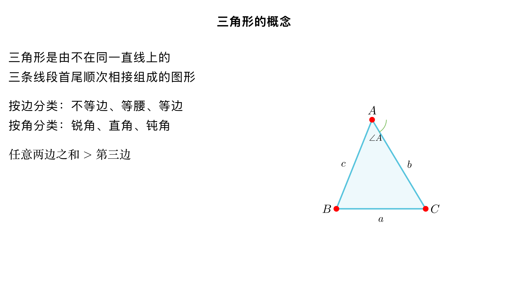 八年级数学 / 三角形 / 用三角形的概念
一、核心概念（基础必备）
1. 三角形的定义
由不在同一条直线上的三条线段首尾顺次相接所组成的图形叫做三角形。
关键词：不在同一直线、首尾顺次相接（缺一不可，若三条线段共线或未首尾相连，均不构成三角形）。
图形表示：顶点用大写字母表示（如 A、B、C），三角形记作△ABC，读作 “三角形 ABC”。
2. 三角形的构成要素
要素	定义 / 说明	表示方式
边	组成三角形的三条线段	边 AB、边 BC、边 AC（或 a、b、c，通常 a 对应 BC，b 对应 AC，c 对应 AB）
顶点	三条线段的公共端点	顶点 A、顶点 B、顶点 C
内角（简称角）	三角形相邻两边组成的角（共 3 个，且内角和为 180°，后续重点学习）	∠A、∠B、∠C（对应顶点命名）
外角	三角形的一边与另一边的延长线组成的角（共 6 个，每个内角对应 2 个外角）	如∠ACD（△ABC 中，边 BC 延长至 D，∠ACD 为∠C 的外角）
3. 三角形的表示与书写规范
记作△ABC（顶点字母无顺序要求，可写作△BAC、△ACB 等）；
边的表示：可写 “边 AB” 或直接用小写字母 “c”（对应顶点 C 的对边）；
角的表示：单个角用顶点字母（如∠A），若同一顶点有多个角，需用三个字母（如∠BAD，避免歧义）。
二、三角形的分类（按概念属性划分）
1. 按边的关系分类
类型	定义	关键特征	图形示意（文字描述）
不等边三角形	三条边都不相等的三角形	三边长度均不同（a≠b≠c）	三条边长度差异明显
等腰三角形	至少有两条边相等的三角形	有 “腰” 和 “底”：相等的两边为腰，第三边为底；两腰的夹角为顶角，腰与底的夹角为底角	两条边长度相同，一条不同
等边三角形	三条边都相等的三角形（特殊的等腰三角形）	三边相等（a=b=c），三个内角均为 60°	三条边长度完全相同
注意：等边三角形是等腰三角形的 “特殊情况”（满足 “至少两条边相等”），但等腰三角形不一定是等边三角形。
2. 按角的大小分类
类型	定义	关键特征	图形示意（文字描述）
锐角三角形	三个内角都是锐角（小于 90°）的三角形	三个角均＜90°	三个角都比较 “尖”
直角三角形	有一个内角是直角（等于 90°）的三角形	有一个角 = 90°，另外两个角为锐角（和为 90°）；直角所对的边为斜边（最长边），另外两条边为直角边	有一个角是 “直角符号”
钝角三角形	有一个内角是钝角（大于 90° 且小于 180°）的三角形	有一个角在 90°~180° 之间，另外两个角为锐角	有一个角比较 “钝”
注意：三角形中最多只有一个直角或钝角（因为内角和为 180°，若有两个直角 / 钝角，内角和会超过 180°）。
三、三角形概念的核心应用（必练题型）
题型 1：判断是否为三角形（依据定义 + 三边关系）
解题关键：
先看三条线段是否 “不在同一直线”（题目未说明时，默认不共线）；
再验证 “首尾顺次相接”（几何图形题中，若线段端点相连，即满足）；
补充：三角形三边关系（后续重点，但概念应用中需初步掌握）——任意两边之和大于第三边，任意两边之差小于第三边（不满足则无法构成三角形）。
例题：
下列各组线段中，能组成三角形的是（ ）A. 2cm、3cm、5cm B. 3cm、4cm、8cm C. 4cm、5cm、6cm D. 5cm、6cm、12cm
解析：
A 选项：2+3=5，不满足 “两边之和大于第三边”，不能组成；
B 选项：3+4=7＜8，不满足，不能组成；
C 选项：4+5=9＞6，5+6=11＞4，4+6=10＞5，且两边之差均小于第三边，能组成；
D 选项：5+6=11＜12，不满足，不能组成。
答案：C
题型 2：三角形的分类判断（按边或按角）
解题关键：
按边分类：看三边长度是否相等（相等的条数）；
按角分类：看最大角的度数（最大角＜90°→锐角；=90°→直角；＞90°→钝角）。
例题 1（按边分类）：
已知△ABC 的三边长度为 AB=5cm，BC=5cm，AC=3cm，则△ABC 是（ ）A. 不等边三角形 B. 等腰三角形 C. 等边三角形 D. 无法确定
解析：
有两条边（AB=BC=5cm）相等，符合等腰三角形定义，且三边不都相等，不是等边三角形。答案：B
例题 2（按角分类）：
已知△ABC 中，∠A=30°，∠B=60°，则△ABC 是（ ）A. 锐角三角形 B. 直角三角形 C. 钝角三角形 D. 等腰三角形
解析：
内角和为 180°，则∠C=180°-30°-60°=90°，有一个直角，符合直角三角形定义。答案：B
题型 3：三角形要素的识别与表示
例题：
如图，在△ABC 中，（1）写出所有的边、顶点和内角；（2）写出∠B 的一个外角。
解析：
（1）边：AB、BC、AC（或边 c、边 a、边 b）；顶点：A、B、C；内角：∠A、∠B、∠C；（2）延长 BC 至点 D，则∠ACD 是∠B 的一个外角（或延长 AB 至点 E，∠CBE 是∠B 的外角）。
四、易错点提醒（避免踩坑）
混淆 “等腰三角形” 与 “等边三角形” 的关系：等边三角形是特殊的等腰三角形，不可说 “等腰三角形不是等边三角形”；
三角形外角的定义：必须是 “一边与另一边的延长线” 组成的角，不可将内角的邻补角误判为外角（如∠ABC 的邻补角是∠ABD，但需满足 D 在 AB 的延长线上）；
三边关系的 “任意” 二字：需验证所有组合（如 a+b＞c、a+c＞b、b+c＞a），不能只验证一组；
表示规范：三角形符号 “△” 不可省略，顶点字母需大写，边和角的表示要对应（如∠A 对应边 BC）。
五、知识小结（构建体系）
核心逻辑：定义（构成条件）→ 要素（边、角、顶点）→ 分类（按边 / 按角）→ 应用（判断、识别、分类）；
关键联系：三角形的分类是基于 “边的长度关系” 或 “角的大小关系”，本质是对概念属性的细化；
后续衔接：本小节是三角形的基础，后续将学习三角形的内角和、外角性质、重要线段（中线、高线、角平分线）等，均需以概念为前提。
（生成一个时长在5分钟以内的视频）