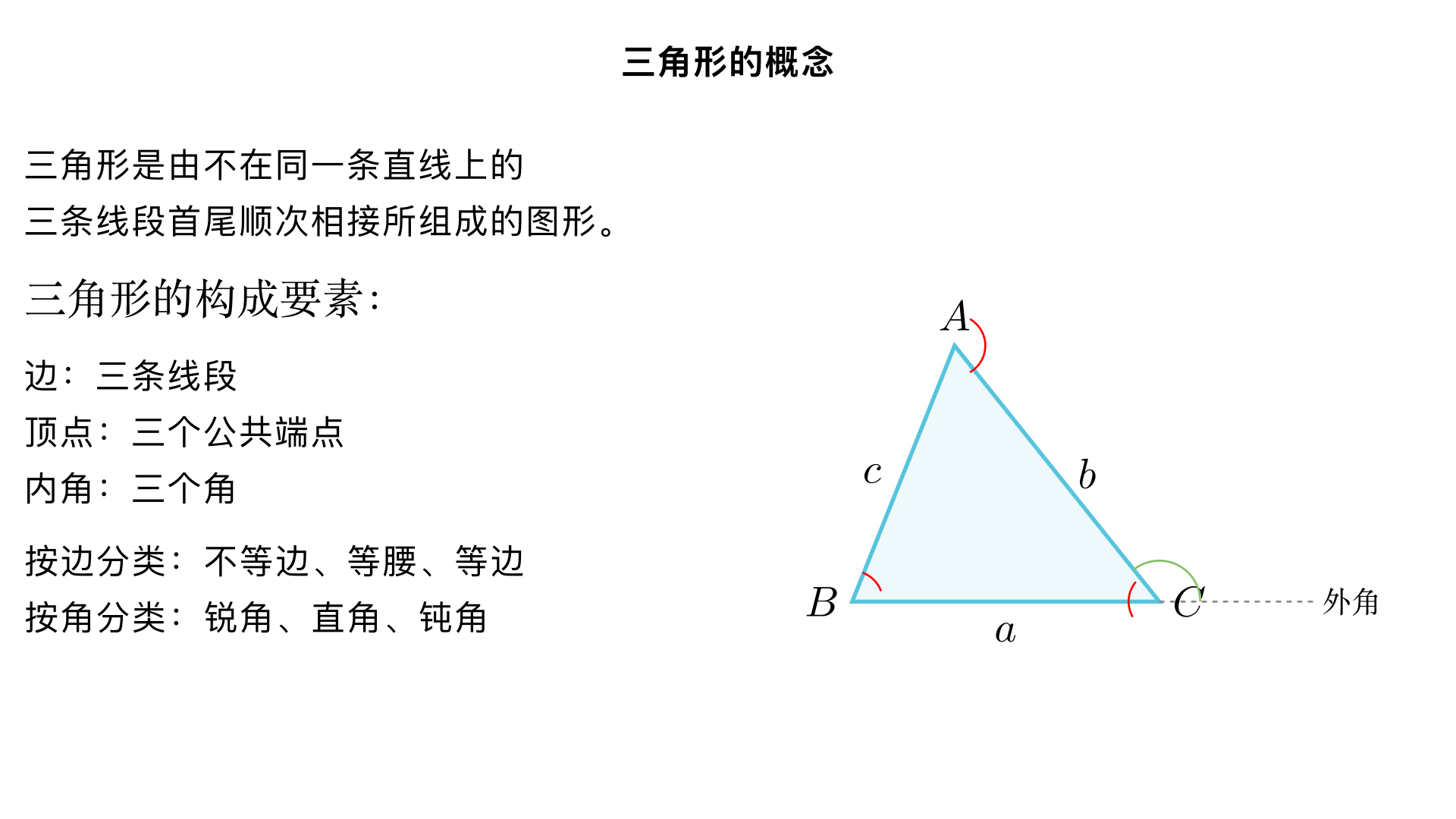 八年级数学 / 三角形 / 用三角形的概念
一、核心概念（基础必备）
1. 三角形的定义
由不在同一条直线上的三条线段首尾顺次相接所组成的图形叫做三角形。
关键词：不在同一直线、首尾顺次相接（缺一不可，若三条线段共线或未首尾相连，均不构成三角形）。
图形表示：顶点用大写字母表示（如 A、B、C），三角形记作△ABC，读作 “三角形 ABC”。
2. 三角形的构成要素
要素	定义 / 说明	表示方式
边	组成三角形的三条线段	边 AB、边 BC、边 AC（或 a、b、c，通常 a 对应 BC，b 对应 AC，c 对应 AB）
顶点	三条线段的公共端点	顶点 A、顶点 B、顶点 C
内角（简称角）	三角形相邻两边组成的角（共 3 个，且内角和为 180°，后续重点学习）	∠A、∠B、∠C（对应顶点命名）
外角	三角形的一边与另一边的延长线组成的角（共 6 个，每个内角对应 2 个外角）	如∠ACD（△ABC 中，边 BC 延长至 D，∠ACD 为∠C 的外角）
3. 三角形的表示与书写规范
记作△ABC（顶点字母无顺序要求，可写作△BAC、△ACB 等）；
边的表示：可写 “边 AB” 或直接用小写字母 “c”（对应顶点 C 的对边）；
角的表示：单个角用顶点字母（如∠A），若同一顶点有多个角，需用三个字母（如∠BAD，避免歧义）。
二、三角形的分类（按概念属性划分）
1. 按边的关系分类
类型	定义	关键特征	图形示意（文字描述）
不等边三角形	三条边都不相等的三角形	三边长度均不同（a≠b≠c）	三条边长度差异明显
等腰三角形	至少有两条边相等的三角形	有 “腰” 和 “底”：相等的两边为腰，第三边为底；两腰的夹角为顶角，腰与底的夹角为底角	两条边长度相同，一条不同
等边三角形	三条边都相等的三角形（特殊的等腰三角形）	三边相等（a=b=c），三个内角均为 60°	三条边长度完全相同
注意：等边三角形是等腰三角形的 “特殊情况”（满足 “至少两条边相等”），但等腰三角形不一定是等边三角形。
2. 按角的大小分类
类型	定义	关键特征	图形示意（文字描述）
锐角三角形	三个内角都是锐角（小于 90°）的三角形	三个角均＜90°	三个角都比较 “尖”
直角三角形	有一个内角是直角（等于 90°）的三角形	有一个角 = 90°，另外两个角为锐角（和为 90°）；直角所对的边为斜边（最长边），另外两条边为直角边	有一个角是 “直角符号”
钝角三角形	有一个内角是钝角（大于 90° 且小于 180°）的三角形	有一个角在 90°~180° 之间，另外两个角为锐角	有一个角比较 “钝”
注意：三角形中最多只有一个直角或钝角（因为内角和为 180°，若有两个直角 / 钝角，内角和会超过 180°）。
三、三角形概念的核心应用（必练题型）
题型 1：判断是否为三角形（依据定义 + 三边关系）
解题关键：
先看三条线段是否 “不在同一直线”（题目未说明时，默认不共线）；
再验证 “首尾顺次相接”（几何图形题中，若线段端点相连，即满足）；
补充：三角形三边关系（后续重点，但概念应用中需初步掌握）——任意两边之和大于第三边，任意两边之差小于第三边（不满足则无法构成三角形）。