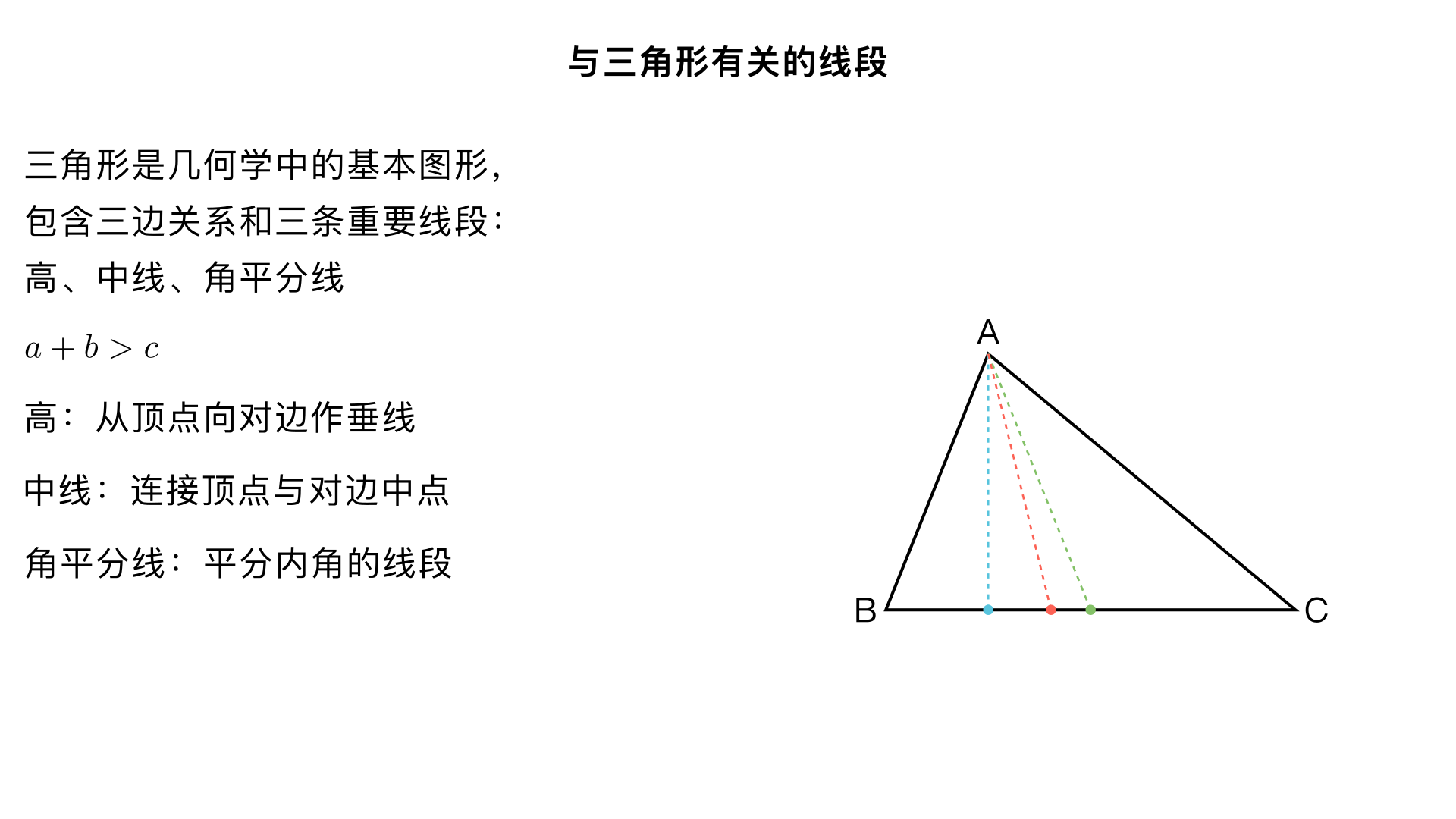八年级数学：与三角形有关的线段
一、三角形的三边关系
定理：三角形任意两边之和大于第三边；任意两边之差小于第三边。
数学表达：
若三角形三边为 a, b, c，则：
a + b > c
b + c > a
a + c > b
|a - b| < c
|b - c| < a
|a - c| < b
应用：判断三条线段能否组成三角形（只需验证：两条较短线段之和 > 最长线段）。
原理：两点之间线段最短。
二、三角形的三条重要线段
1. 三角形的高
定义：从三角形的一个顶点向它的对边所在直线作垂线，顶点和垂足之间的线段叫做三角形的高。
几何表示：在△ABC 中，AD⊥BC 于 D，则 AD 是 BC 边上的高。
特点：
三角形有三条高（每边对应一条）
锐角三角形：三条高都在三角形内部
直角三角形：两条高是直角边，一条在内部
钝角三角形：两条高在外部，一条在内部
作用：计算三角形面积（S = 1/2 × 底 × 高）
2. 三角形的中线
定义：连接三角形一个顶点和它对边中点的线段叫做三角形的中线。
几何表示：在△ABC 中，E 是 BC 的中点，则 AE 是 BC 边上的中线。
特点：
三角形有三条中线，都在三角形内部
三条中线交于一点，称为三角形的重心
重心到顶点的距离是到对边中点距离的 2 倍
性质：
中线将三角形分成面积相等的两个小三角形
3. 三角形的角平分线
定义：三角形的一个内角的平分线与这个角的对边相交，这个角的顶点和交点之间的线段叫做三角形的角平分线。
几何表示：在△ABC 中，∠BAD = ∠CAD，则 AD 是∠BAC 的角平分线。
特点：
三角形有三条角平分线，都在三角形内部
三条角平分线交于一点，称为三角形的内心（内切圆圆心）