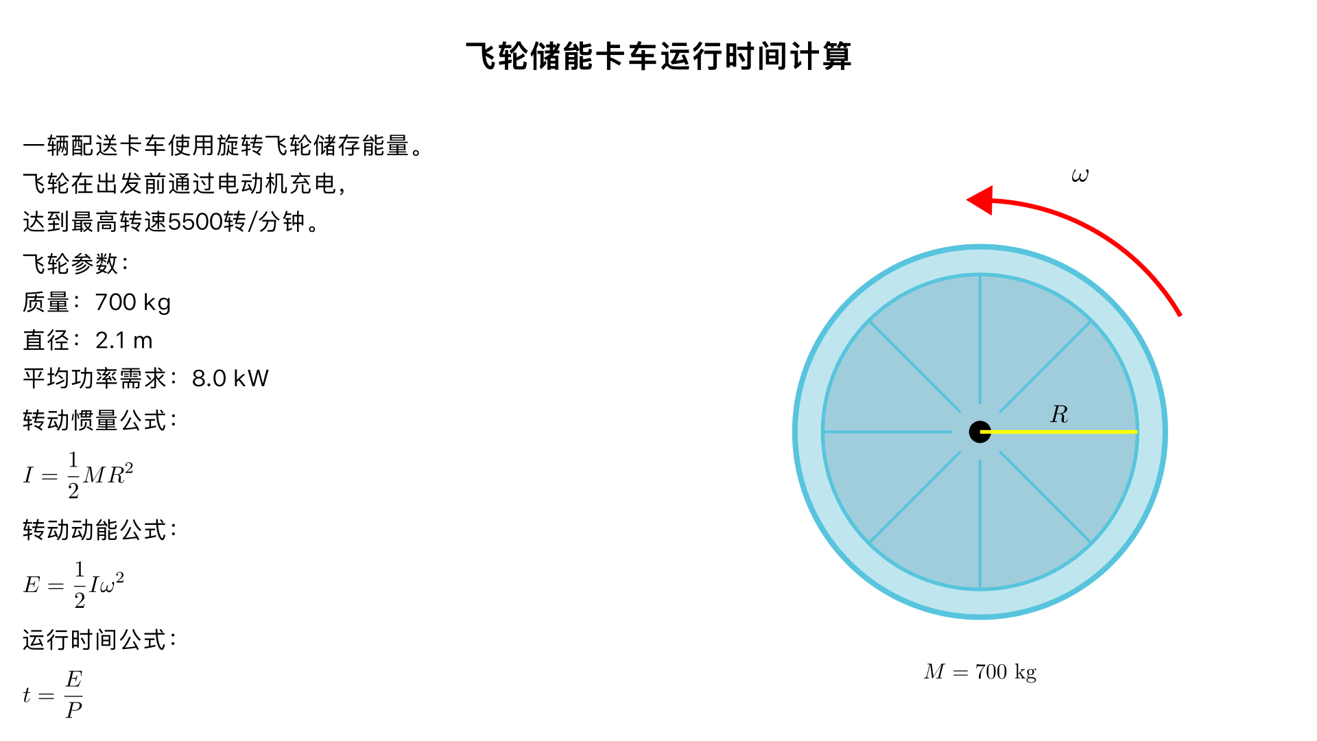 A fleet of delivery trucks operates by making use of the energy stored in a rotating flywheel.
The trucks are “charged up” before leaving by using an electric motor to get the flywheel up to its
top speed of 5500 revolutions per minute. If one such flywheel is a solid cylinder of mass 700 kg and
a diameter of 2.1 m, how long can the truck operate before returning to base for recharging if its
average power requirement is 8.0 kilowatts?