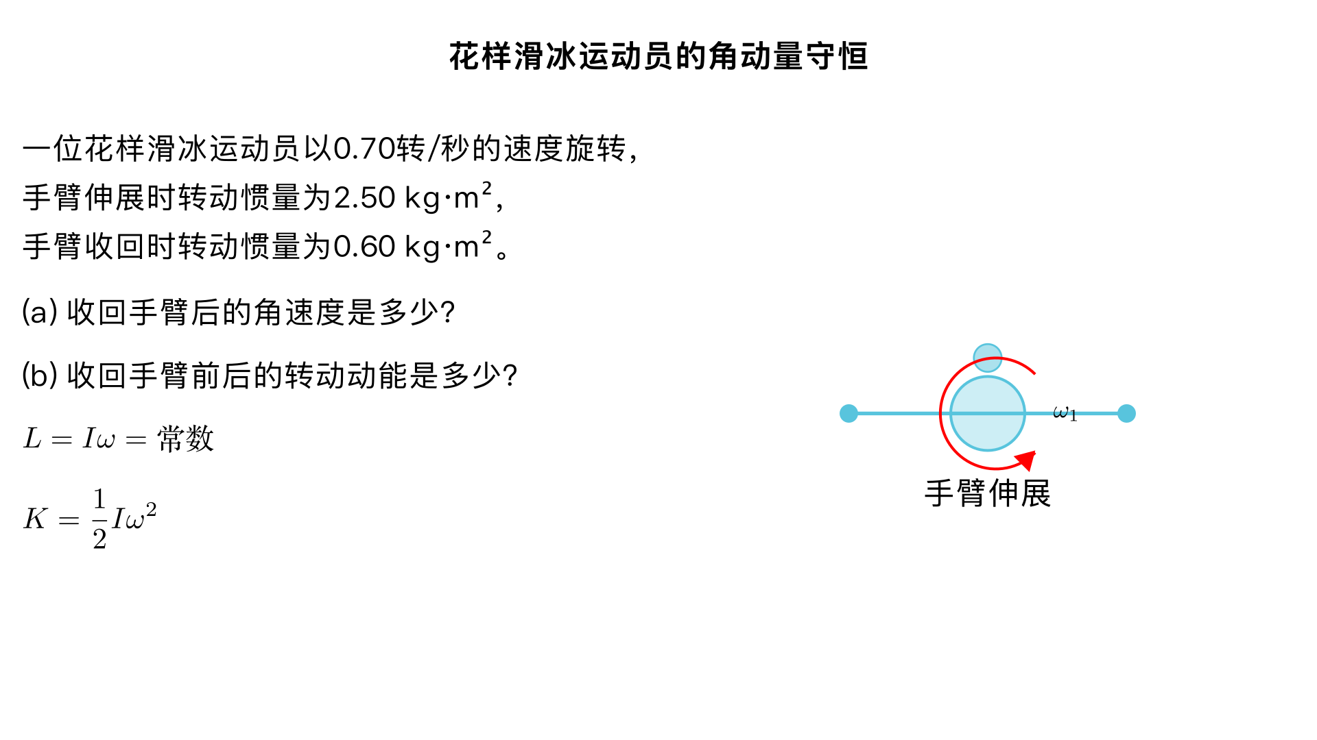 An ice skater is spinning at 0.70 rev/s with her arms extended. She has a moment of inertia
of 2.50 kg·m2 with her arms extended and of 0.60 kg·m2 with her arms close to her body. (a) What is
her angular velocity in revolutions per second after she pulls in her arms? (b) What is her rotational
kinetic energy before and after she does this