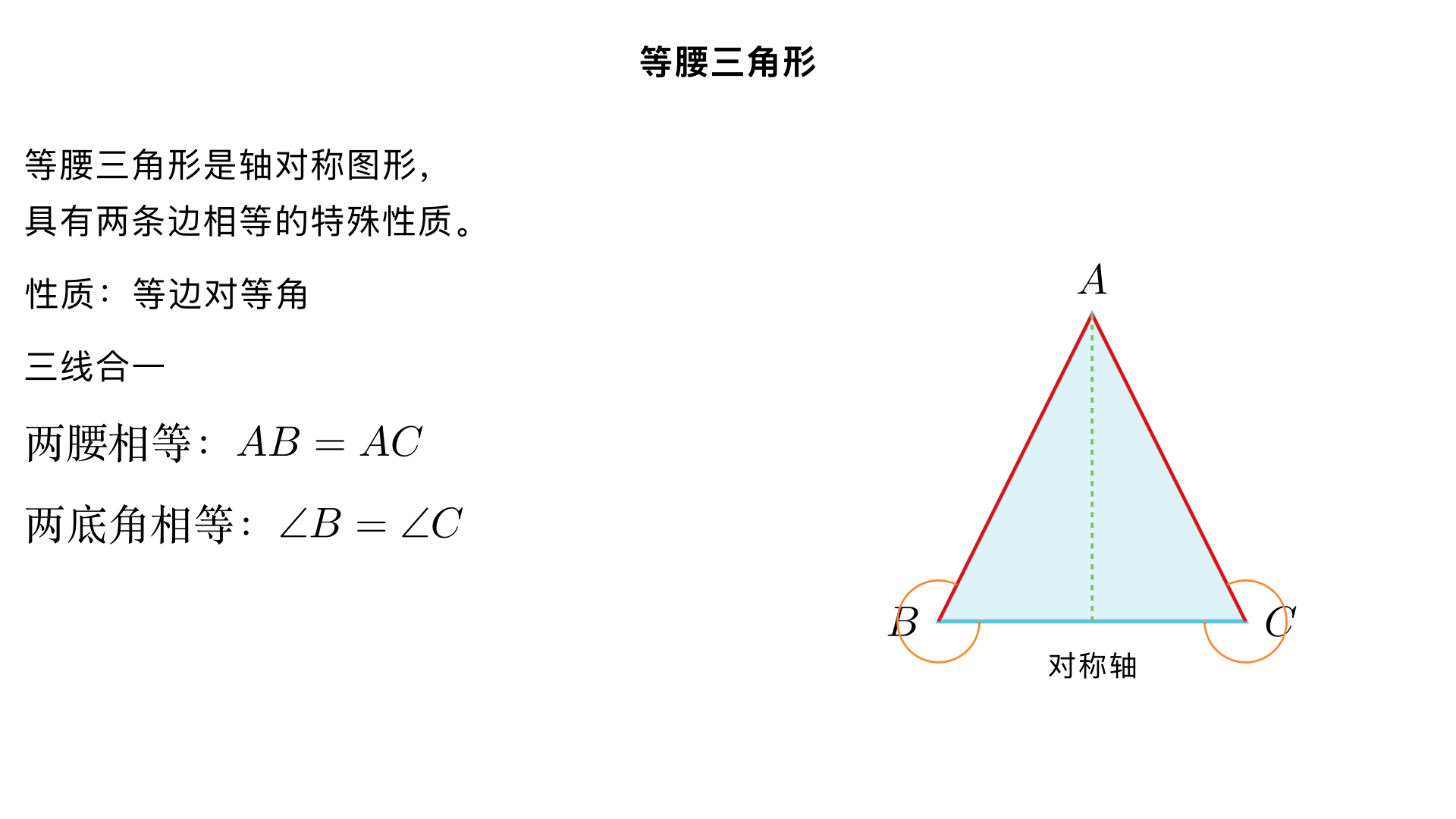  八年级数学 / 轴对称 / 等腰三角形
一、核心知识点（精炼版）
1. 定义
有两条边相等的三角形叫做等腰三角形（相等的边为腰，第三边为底边；两腰的夹角为顶角，腰与底边的夹角为底角）。
2. 性质（中考高频）
轴对称性：等腰三角形是轴对称图形，对称轴为底边的垂直平分线（1 条）。
边的性质：两腰相等（已知条件推导核心）。
角的性质：等边对等角（两底角相等，∠B=∠C）。
三线合一：等腰三角形的顶角平分线、底边的中线、底边的高重合（3 条线共 1 条，需满足 “顶角平分线”“底边相关” 两个前提）。
3. 判定
定义法：有两条边相等的三角形是等腰三角形。
角的判定：等角对等边（如果一个三角形有两个角相等，那么这两个角所对的边相等）。
4. 特殊情况：等边三角形（特殊的等腰三角形）
定义：三条边都相等的三角形。
性质：
三个角都相等，且均为 60°；
有 3 条对称轴（每条边的垂直平分线）；
满足 “三线合一”（每条边对应的中线、高、对角平分线重合）。
判定：
三条边都相等；
三个角都相等（均为 60°）；
有一个角是 60° 的等腰三角形（重点：无需再证三边相等）。