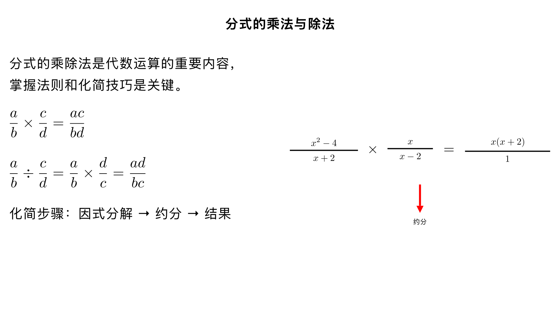 八年级数学 / 分式 / 分式的乘法与除法
一、核心法则（必背）
1. 分式乘法法则
两个分式相乘，分子相乘的积作为积的分子，分母相乘的积作为积的分母。字母表示：
b
a
​
 × 
d
c
​
 = 
b×d
a×c
​
 = 
bd
ac
​
 
​
 
（其中
a,b,c,d
是整式，且
bd

=0
​
 
）。
2. 分式除法法则
分式除以分式，等于被除式乘以除式的倒数（即将除式的分子、分母颠倒位置后再相乘）。字母表示：
b
a
​
 ÷ 
d
c
​
 = 
b
a
​
 × 
c
d
​
 = 
bc
ad
​
 
​
 
（其中
a,b,c,d
是整式，且
bcd

=0
​
 
）。
二、运算步骤（四步法）
1. 准备阶段
符号判断：数负号个数，偶数个为正，奇数个为负，先确定结果符号。
整式处理：整式看作分母为 1 的分式，如
5= 
1
5
​
 
。
多项式因式分解：分子或分母为多项式时，先分解因式（提公因式、平方差、完全平方等）。
2. 转化阶段（除法专用）
将除号变为乘号，同时把除式的分子分母颠倒位置，转化为乘法运算。
3. 计算阶段
分子相乘、分母相乘，写成一个分式形式。
4. 化简阶段（关键步骤）
约分：分子分母同时除以它们的公因式，直至化为最简分式（分子分母没有公因式）或整式。
技巧：先约分再相乘，可简化计算量。
三、典型例题解析
例 1：单项式分式乘法
计算：
3y
2x
​
 × 
4x 
2
 
9y 
2
 
​
 
步骤：
符号：正（无负号）
直接相乘：
3y×4x 
2
 
2x×9y 
2
 
​
 
约分（先约更简便）：
3y×4x 
2
 
2x×9y 
2
 
​
 = 
3y
​
 ×2× 
2x
 ×x
2x
 × 
3y
​
 ×3y
​
 = 
2x
3y
​
 
结果：
2x
3y
​
 
​
 
例 2：多项式分式乘法
计算：
x 
2
 +2x
x 
2
 −4
​
 × 
x−2
x
​
 
步骤：
因式分解：
x 
2
 −4=(x+2)(x−2)
，
x 
2
 +2x=x(x+2)
代入原式：
x(x+2)
(x+2)(x−2)
​
 × 
x−2
x
​
 
约分（约去公因式
x
、
x+2
、
x−2
）：
x
​
  
(x+2)
​
 
(x+2)
​
  
(x−2)
​
 
​
 × 
x−2
​
 
x
​
 
​
 =1
结果：
1
​
 
例 3：分式除法
计算：
a 
2
 +6a+9
a 
2
 −9
​
 ÷ 
a+3
a−3
​
 
步骤：
因式分解：
a 
2
 −9=(a+3)(a−3)
，
a 
2
 +6a+9=(a+3) 
2
 
转化为乘法：
(a+3) 
2
 
(a+3)(a−3)
​
 × 
a−3
a+3
​
 
约分（约去公因式
a+3
、
a−3
）：
(a+3)
​
  
2
 
(a+3)
​
  
(a−3)
​
 
​
 × 
a−3
​
 
a+3
​
 
​
 =1
结果：
1
​
 
例 4：混合运算（含整式）
计算：
6x 
2
 y÷ 
2z
3xy 
2
 
​
 
步骤：
整式变分式：
6x 
2
 y= 
1
6x 
2
 y
​
 
转化为乘法：
1
6x 
2
 y
​
 × 
3xy 
2
 
2z
​
 
约分计算：
3xy 
2
 
6x 
2
 y×2z
​
 = 
3
​
 × 
x
​
 × 
y
​
 ×y
3
​
 ×2× 
x
​
 ×x× 
y
​
 ×2z
​
 = 
y
4xz
​
 
结果：
y
4xz
​
 
​
 
四、注意事项（易错点警示）
分母不为零：运算中始终保证所有分母及除式不为零，即
b

=0
，
d

=0
（乘法）；
b

=0
，
c

=0
，
d

=0
（除法）。
先约后乘：切勿先盲目相乘再约分，易导致计算复杂且出错。
符号问题：单独的负号可看作分母为 1 的分式，如
−a= 
1
−a
​
 
；注意分子或分母是多项式时，负号要分配到每一项。
结果要求：最终结果必须是最简分式或整式，不能保留能约分的形式。
因式分解要彻底：分解不彻底会导致无法正确约分，如
x 
2
 −4
必须分解为
(x+2)(x−2)
，不能停留在
x 
2
 −4
阶段。
五、知识体系与衔接
前导知识：分数乘除法、因式分解、分式基本性质。
后续知识：分式的乘方、分式的混合运算、分式方程。
核心思想：类比分数乘除法法则，利用 “数式通性” 将分数运算推广到分式运算，体现转化与化归的数学思想。