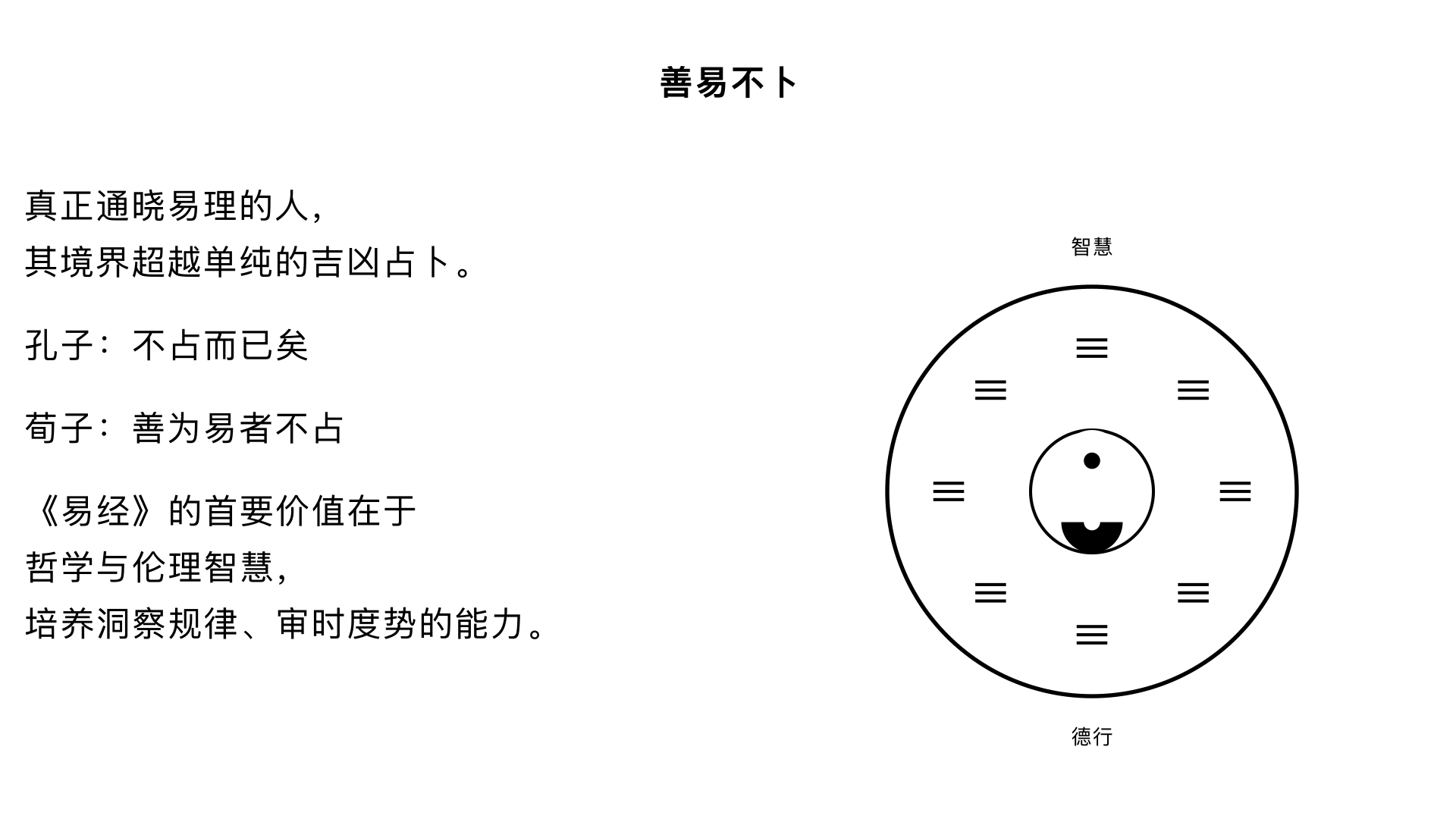 7、善易不卜	核心内容：探讨学习《易经》的终极目的，提出真正通晓易理的人，其境界超越单纯的吉凶占卜。
关键要点：
1. 哲学升华：引用孔子“不占而已矣”和荀子“善为易者不占”，强调《易经》的首要价值在于其哲学与伦理智慧。
2. 占卜本质：指出占卜（卜卦）的真正目的，是帮助决策者澄清思路、收集信息、引发潜能，而非迷信预言。
3. 核心能力：通过学习《易经》，培养洞察规律、审时度势的能力，从而主动“趋吉避凶”。