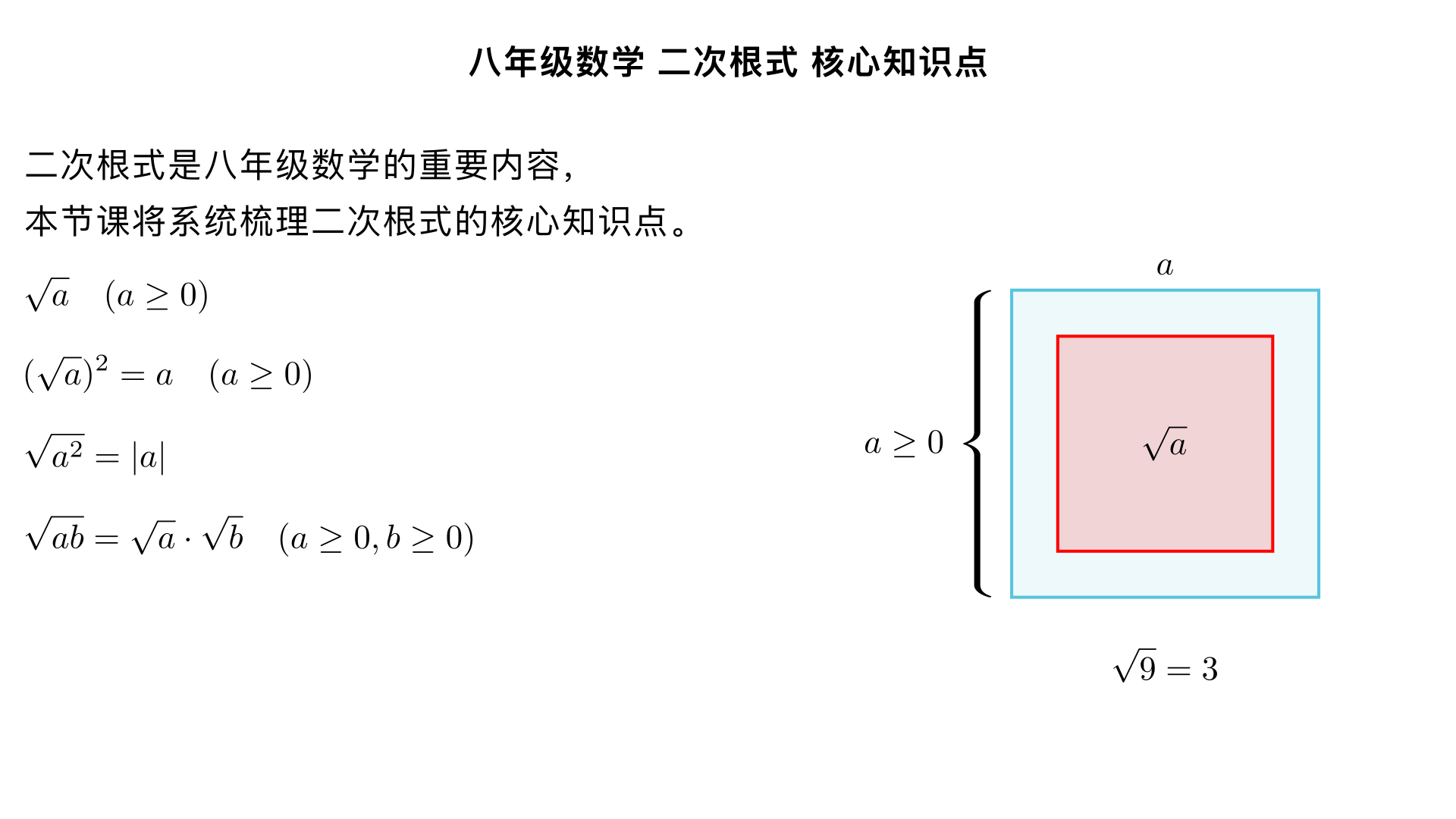 八年级数学 二次根式 核心知识点（体系化梳理）
本部分是二次根式的入门核心，围绕定义、双重非负性、基本性质、最简二次根式展开，是后续二次根式运算的基础，也是八年级同步课程的核心考点，内容由浅入深、贴合课堂进度。
一、二次根式的定义
一般地，我们把形如 
a
​
  (a≥0)
 的式子叫做二次根式。
关键解读
根指数为2（二次根式的根指数 2 通常省略不写，注意与三次根式
3
  
a
​
 
区分）；
形式上必须包含二次根号
 
​
 
；
被开方数
a
的取值是核心：
a≥0
（这是二次根式有意义的前提）。
举例
是二次根式：
2
​
 
、
x+1
​
 (x≥−1)
、
0
​
 
（被开方数均非负）；
不是二次根式：
−3
​
 
（被开方数为负）、
3
  
4
​
 
（根指数为 3）、
2 
a
​
 
（注意：
2 
a
​
 
是二次根式的倍数形式，属于二次根式，此为易混点）。
二、二次根式的双重非负性（核心考点）
二次根式
a
​
  (a≥0)
本身具有双重非负性，是八年级填空、选择的高频考点，必须熟记：
被开方数非负：
a≥0
；
二次根式本身的值非负：
a
​
 ≥0
。
典型应用：求字母取值 / 代数式的值
例：若
x−2
​
 + 
y+3
​
 =0
，求
x+y
的值。解：∵
x−2
​
 ≥0
，
y+3
​
 ≥0
，两个非负数的和为 0，则各自为 0∴
x−2=0
，
y+3=0
 → 
x=2
，
y=−3
 → 
x+y=−1
。
三、二次根式有意义的条件（定义延伸）
求二次根式中字母的取值范围，只需紧扣被开方数非负；若二次根式出现在分母中，需额外满足分母不为 0（双重条件）。
分类例题
单二次根式：求
3x−6
​
 
有意义的
x
的取值范围
解：
3x−6≥0
 → 
x≥2
。
二次根式在分母：求
2−x
​
 
1
​
 
有意义的
x
的取值范围
解：
{ 
2−x≥0
2−x
​
 

=0
​
 
 → 
2−x>0
 → 
x<2
。
多个二次根式组合：求
x−1
​
 + 
3−x
​
 
有意义的
x
的取值范围
解：
{ 
x−1≥0
3−x≥0
​
 
 → 
1≤x≤3
。
四、二次根式的基本性质（化简、运算的基础）
以下性质均为八年级阶段核心，需结合取值范围熟记，切勿忽略条件：
性质公式	适用条件	文字解读	举例						
( 
a
​
 ) 
2
 =a
a≥0
非负数的算术平方根的平方，等于它本身	
( 
5
​
 ) 
2
 =5
，
( 
x−2
​
 ) 
2
 =x−2(x≥2)
$\sqrt{a^2} =	a	= \begin{cases}a & (a\geq0) \ -a & (a<0)\end{cases}$	
a
为任意实数	一个数的平方的算术平方根，等于这个数的绝对值	$\sqrt{(-3)^2}=	-3	=3
，
\sqrt{7^2}=7
，
\sqrt{(x-1)^2}=	x-1	$
ab
​
 = 
a
​
 ⋅ 
b
​
 
a≥0
，
b≥0
积的算术平方根，等于算术平方根的积	
12
​
 = 
4×3
​
 = 
4
​
 × 
3
​
 =2 
3
​
 
b
a
​
 
​
 = 
b
​
 
a
​
 
​
 
a≥0
，
b>0
商的算术平方根，等于算术平方根的商	
9
2
​
 
​
 = 
9
​
 
2
​
 
​
 = 
3
2
​
 
​
 
易错点提醒
( 
a
​
 ) 
2
 
和
a 
2
 
​
 
的区别：前者被开方数
a≥0
，结果就是
a
；后者
a
为任意数，结果是
∣a∣
（八年级最易出错的性质）；
积 / 商的性质中，
b
的取值：乘法中
b≥0
，除法中
b>0
（分母不能为 0）。
五、最简二次根式（化简的最终目标）
二次根式的化简、加减运算均需先化为最简二次根式，定义为满足以下两个条件的二次根式：
被开方数中不含分母；
被开方数中不含能开得尽方的因数或因式（即被开方数的因数都是质数，因式都是最简整式）。
举例
最简二次根式：
2
​
 
、
3 
5
​
 
、
x+1
​
 (x≥−1)
（满足两个条件）；
非最简二次根式：
8
​
 
（含能开方的因数 4）、
3
1
​
 
​
 
（含分母）、
12x 
2
 
​
 (x≥0)
（含能开方的因式
x 
2
 
）。
二次根式化简的基本步骤
去分母：利用商的性质，将分母中的根号化去（八年级阶段主要是分母为单个二次根式的情况，如
2
1
​
 
​
 = 
2
2
​
 
​
 
）；
开方因数 / 因式：将被开方数中能开得尽方的因数 / 因式开方后移到根号外，如
18
​
 = 
9×2
​
 =3 
2
​
 
，
27x 
3
 
​
 =3x 
3x
​
 (x≥0)
。